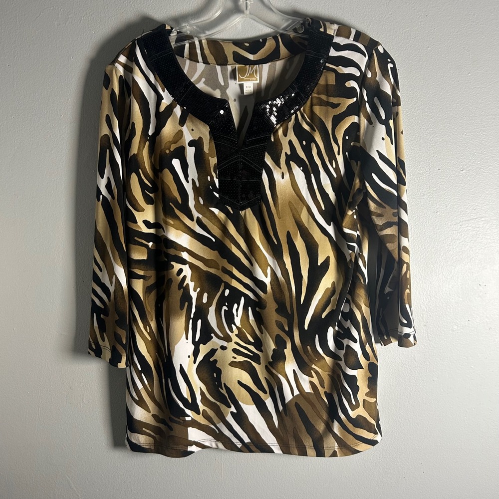 JM Collection Zebra Print Sequin V Neck 3/4 Sleeve Top‎ Women's P/M